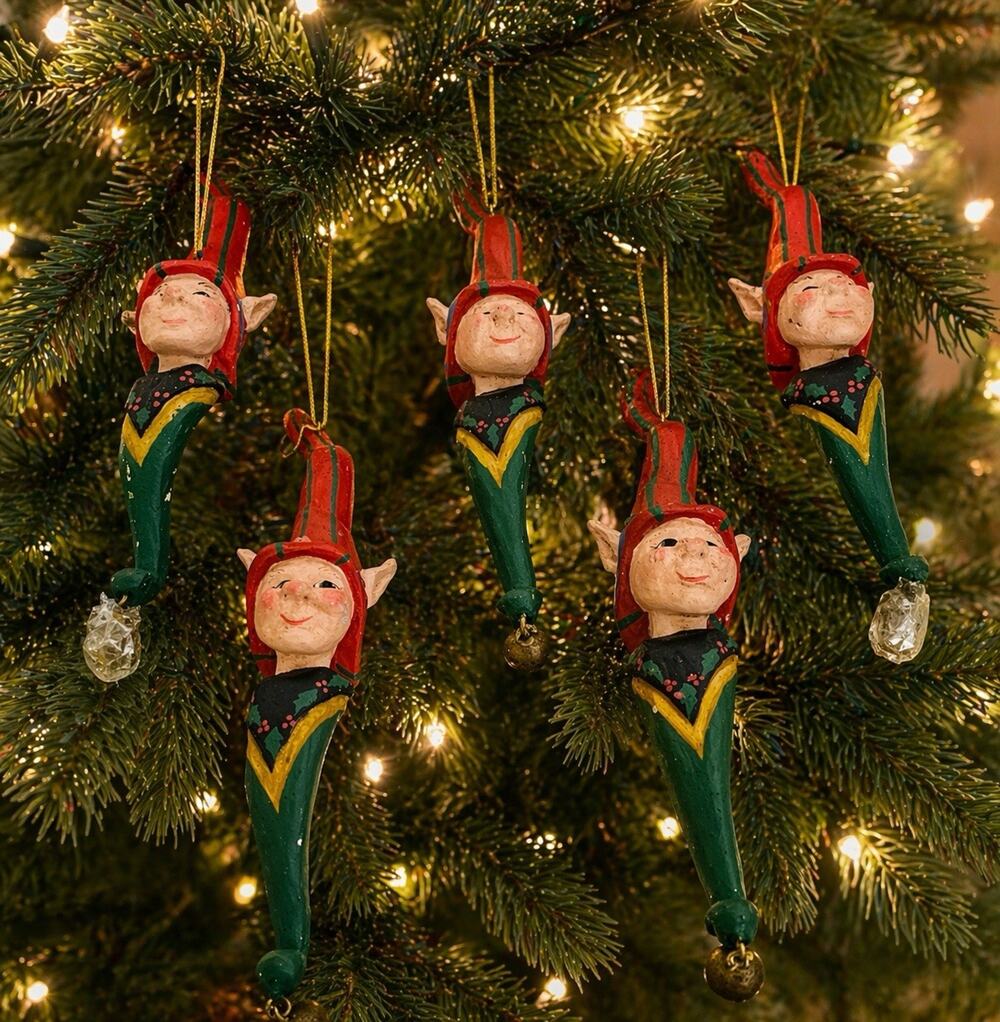 House of Hatten Elf Ornaments Lot 5 9" Jingle Bell Folk Art Vintage